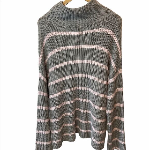 NWT CASLON Grey&Pink Striped Heavy Knit High Neck Wide Sleeve Loose Long Sweater - Picture 1 of 9